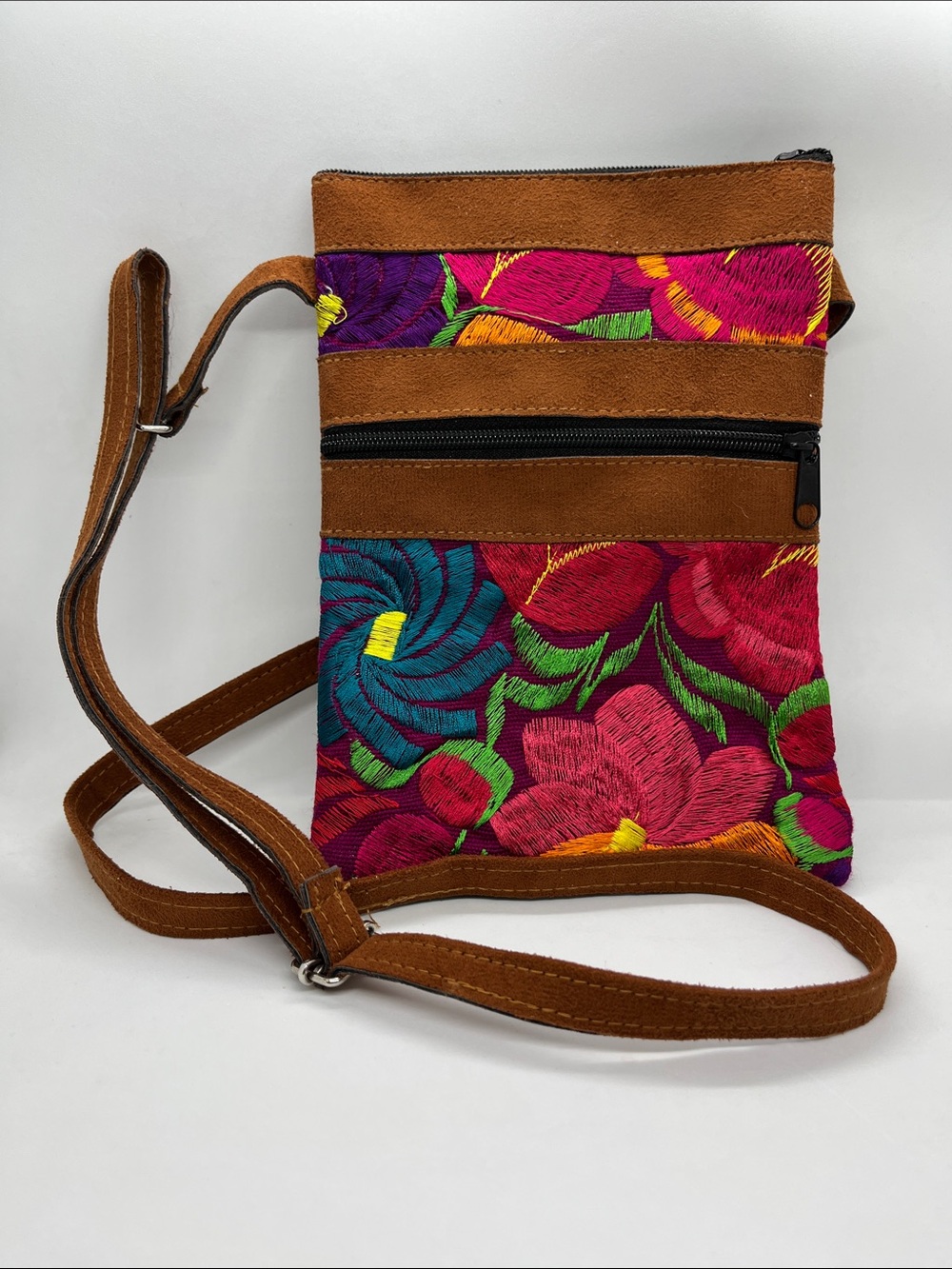Handmade Embroidered Floral Suede Stitched Crossbody Bag - Brown and Multicolor